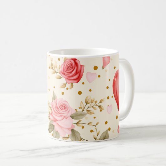 Roze en rode rozen en harten van valentijns koffiemok (Voorkant rechts)