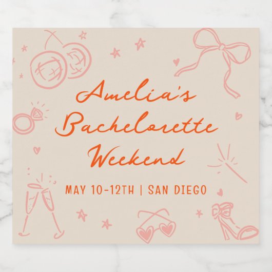 Roze en Rode Schets Meisjesweekend Sparkling Wijnetiket (Enkel label)