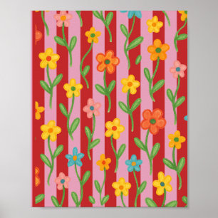 Roze en rode strepen met kleurrijke bloemen poster