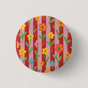 Roze en rode strepen met kleurrijke bloemen ronde button 3,2 cm
