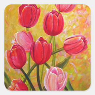 Roze en rode Tulpen schilderen Vierkante Sticker