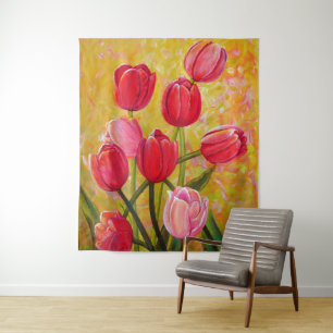 Roze en rode Tulpen schilderen Wandkleed