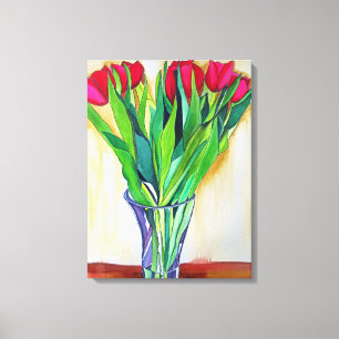 Roze en rode tulpen stilleven aquarel canvas afdruk