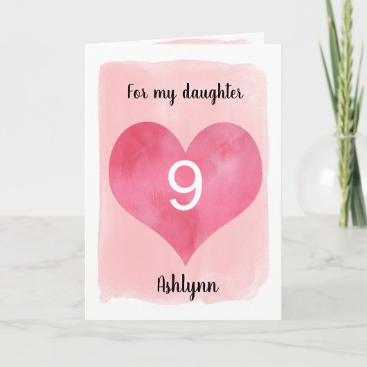 Roze en Rode Waterverf Hart 9e Verjaardag Kaart (Voorkant)