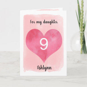 Roze en Rode Waterverf Hart 9e Verjaardag Kaart