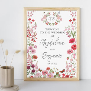 Roze en Rode Wilde Bloemen Bessen Bruiloft Welkom  Poster