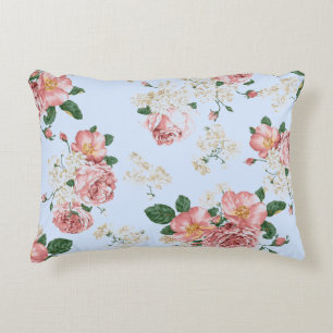 Roze en room op blauwe Floral Accent Kussen