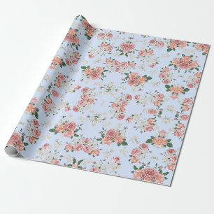 Roze en room op blauwe Floral Cadeaupapier