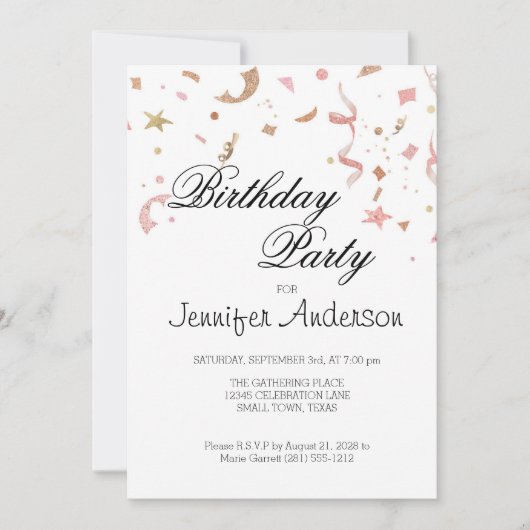 Roze en Roos Gold Glitter Confetti Invitation (Voorkant)