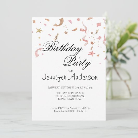 Roze en Roos Gold Glitter Confetti Invitation (Staand voorkant)