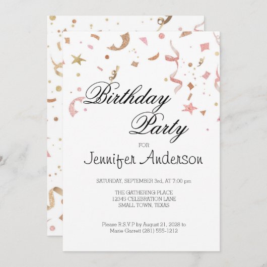 Roze en Roos Gold Glitter Confetti Invitation (Voorkant / Achterkant)