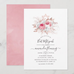 Roze en roze gouden bloem Bat Mitzvah Kaart