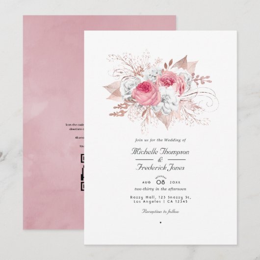 Roze en Roze Gouden Bloemencode QR Huwelijk Kaart (Voorkant / Achterkant)