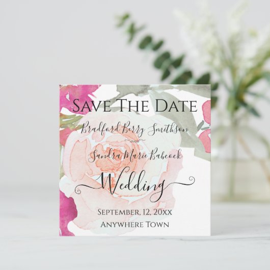 Roze en Sage Green Bloemen Huwelijk Save The Date (Staand voorkant)