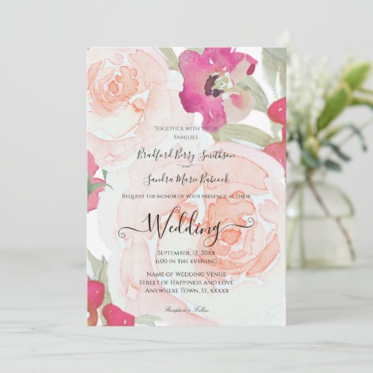 Roze en Sage Green Bloemen Huwelijksuitnodiging Kaart (Staand voorkant)