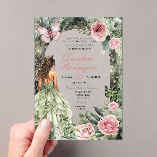 Roze en Sage Green Whimsical Forest Quinceanera Acryl Uitnodigingen (Insitu (Draagbaar))
