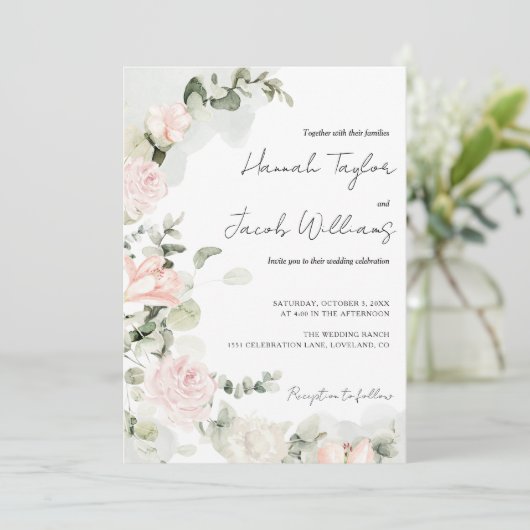 Roze en Sage Groene Bloemen QR Code Bruiloft Kaart (Staand voorkant)