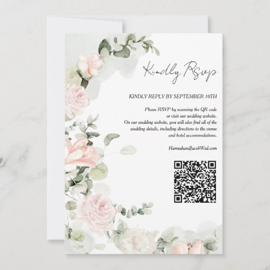 Roze en Sage Groene Bloemen QR Code Bruiloft Kaart (Achterkant)