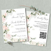 Roze en Sage Groene Bloemen QR Code Bruiloft Kaart