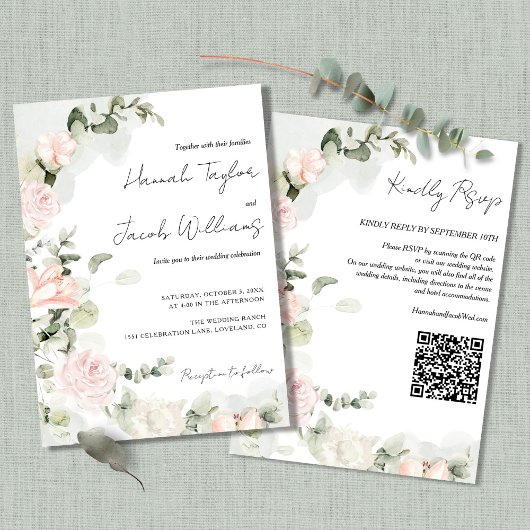 Roze en Sage Groene Bloemen QR Code Bruiloft Kaart