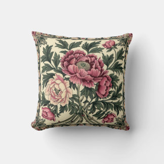 Roze en saliegroene pioen van William Morris in vi Kussen