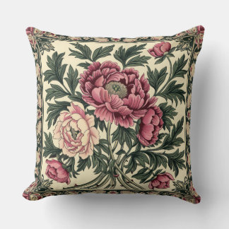 Roze en saliegroene pioen van William Morris in vi Kussen