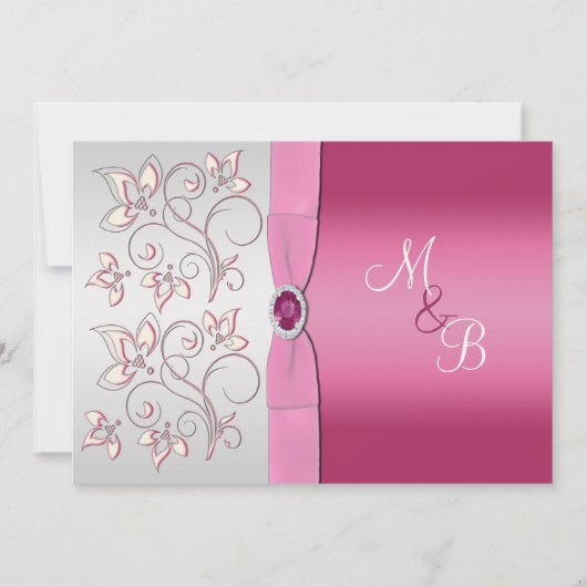 Roze en Silver Monogram Uitnodiging (Voorkant)