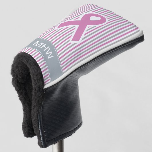 Roze en Silver Stripes aangepaste monogram putter Golfheadcover (3/4 voorkant)