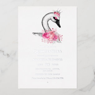Roze en Silver Swan Quinceañera Folie Uitnodiging