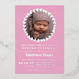 Roze en Silver Wreath Baby Photo Naming-ceremonie Folie Uitnodiging