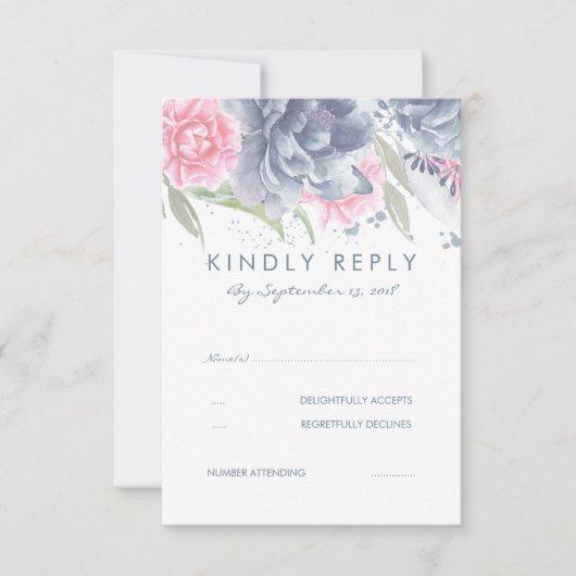Roze en stoffige blauwe bloemen bruiloft RSVP (Voorkant)