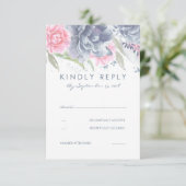 Roze en stoffige blauwe bloemen bruiloft RSVP (Staand voorkant)