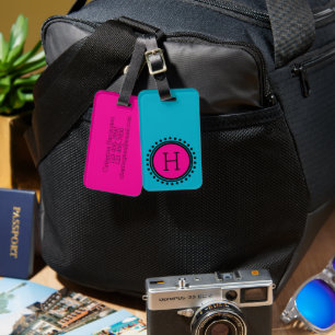 Roze en Teal Stip Monogram Bagagelabel