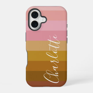Roze en terracotta boho geometrische strepen naam iPhone 16 hoesje