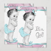 Roze en turquoise blauwe prinses baby shower kaart (Voorkant / Achterkant)
