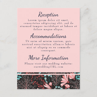 Roze en turquoise bloemen ontvangstkaarten informatiekaartje