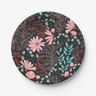 Roze en turquoise donkere bloempatroon papieren bordje