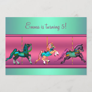 Roze en turquoise draaimolen pony verjaardagsfeest kaart