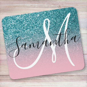 Roze en turquoise glinster ombre monogram muismat
