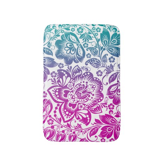 Roze en Turquoise gradiënt Floral Damask Badmat (Voorkant Verticaal)