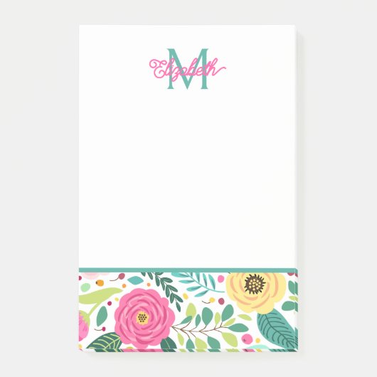 Roze en turquoise lente bloemmonogram post-it® notes (Voorkant)