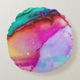Roze en Turquoise Marmer Abstract Waterverf Rond Kussen
