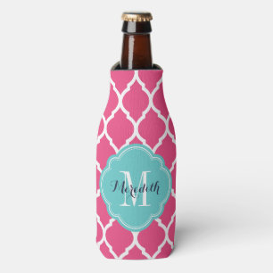 Roze en Turquoise Marokkaanse Quatrefoil Monogram Flesjeskoeler