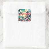 Roze en Turquoise Paradijs | Strandkunst Vierkante Sticker (Tas)