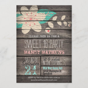 Roze en Turquoise; Rustic Wood Sweet 16 Party Kaart