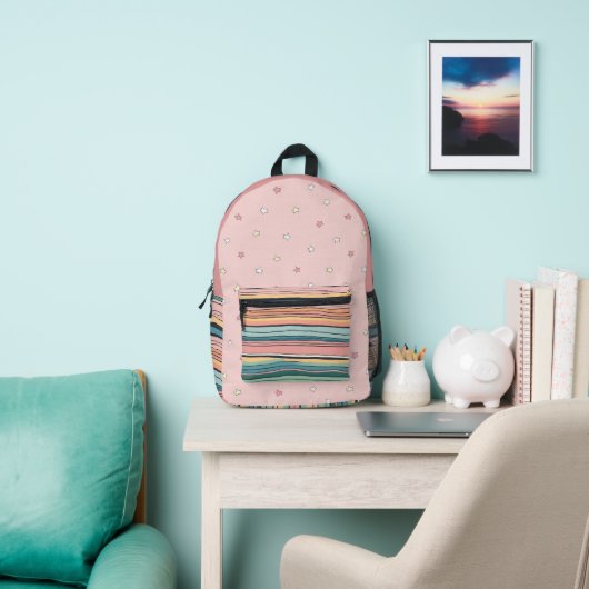 Roze en veelkleurige sterren en strepen bedrukte rugzak (Insitu)