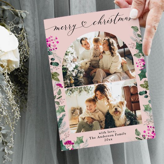 Roze en vrolijk 2 foto kerst Kaart