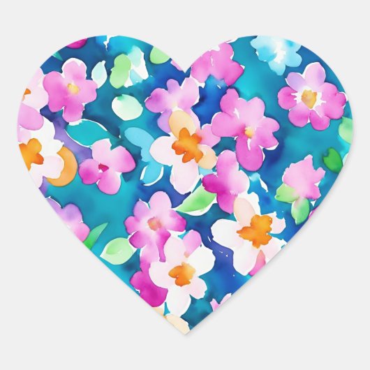 Roze en  Waterverf bloemen Hart Sticker (Voorkant)