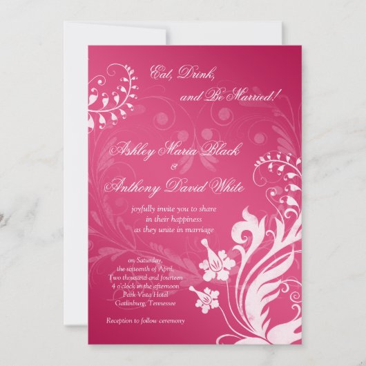 Roze en White Floral Wedding Invitation Kaart (Voorkant)
