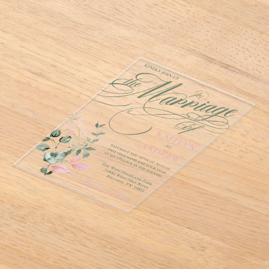 Roze en Wijze Bloemen Elegante Script Trouwen Acryl Uitnodigingen (Laagn)
